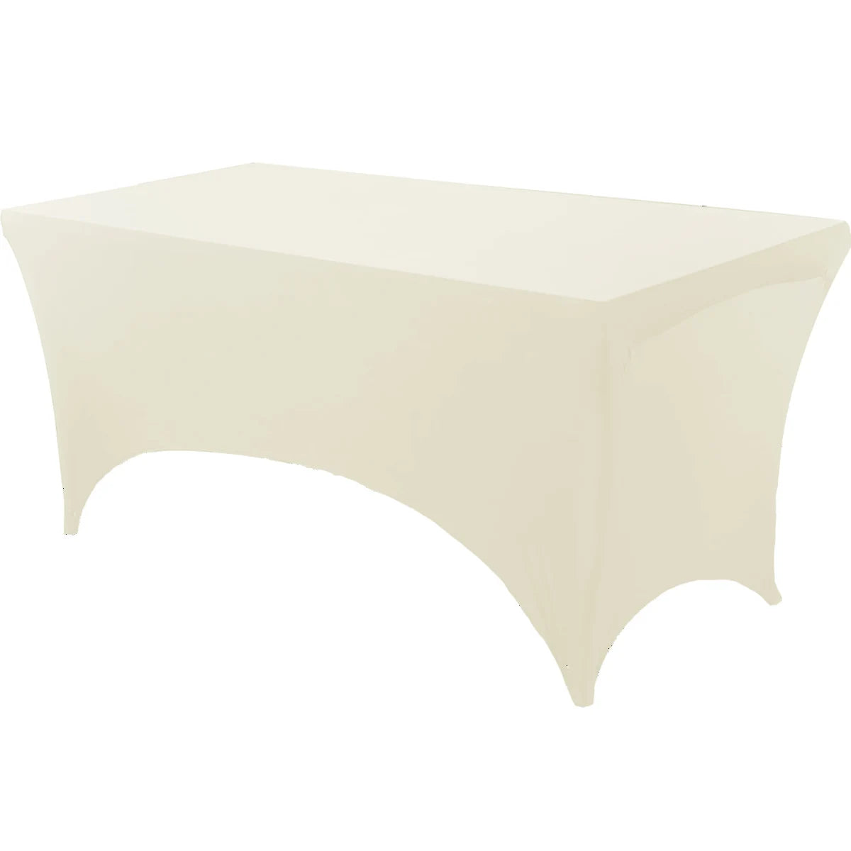 A white stretch tablecloth set displayed as a rectangular table covering for dining or event decor.