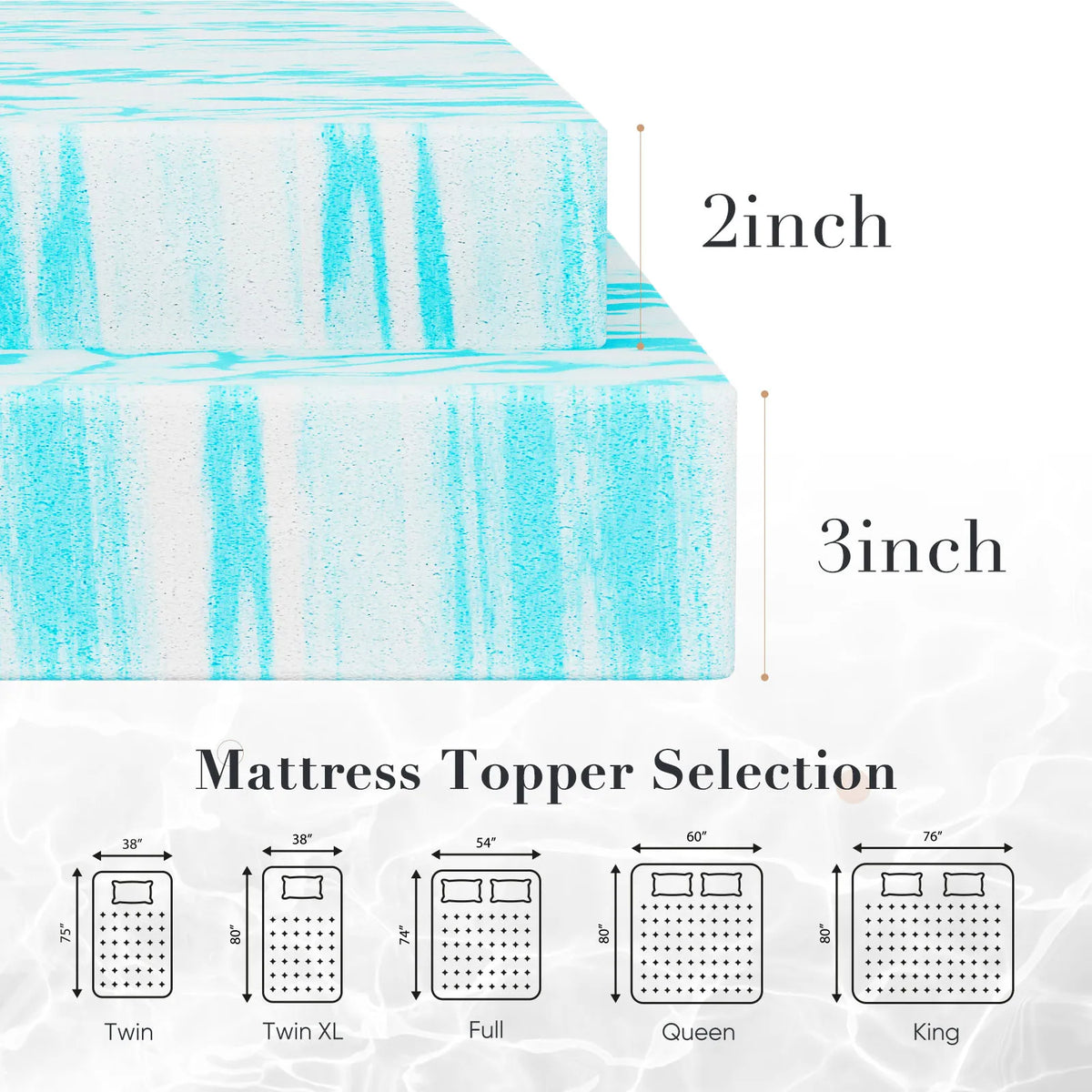 A selection of mattress toppers in various sizes including Twin, Twin XL, Full, Queen, and King.