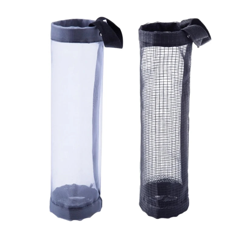 A pair of hanging mesh trash bags for kitchen and bathroom organization, shown in clear plastic and black mesh.