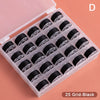 A clear plastic box containing 25 black grid sewing bobbins.