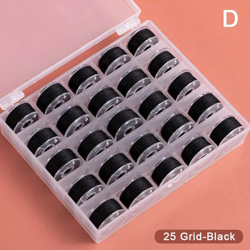 A clear plastic box containing 25 black grid sewing bobbins.