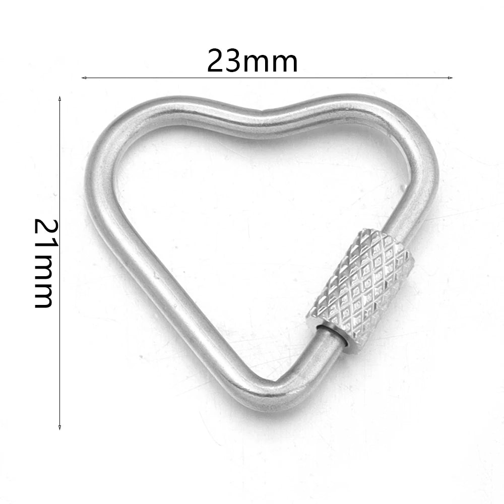 Silver heart-shaped stainless steel screw lock carabiner clasp for jewelry making
