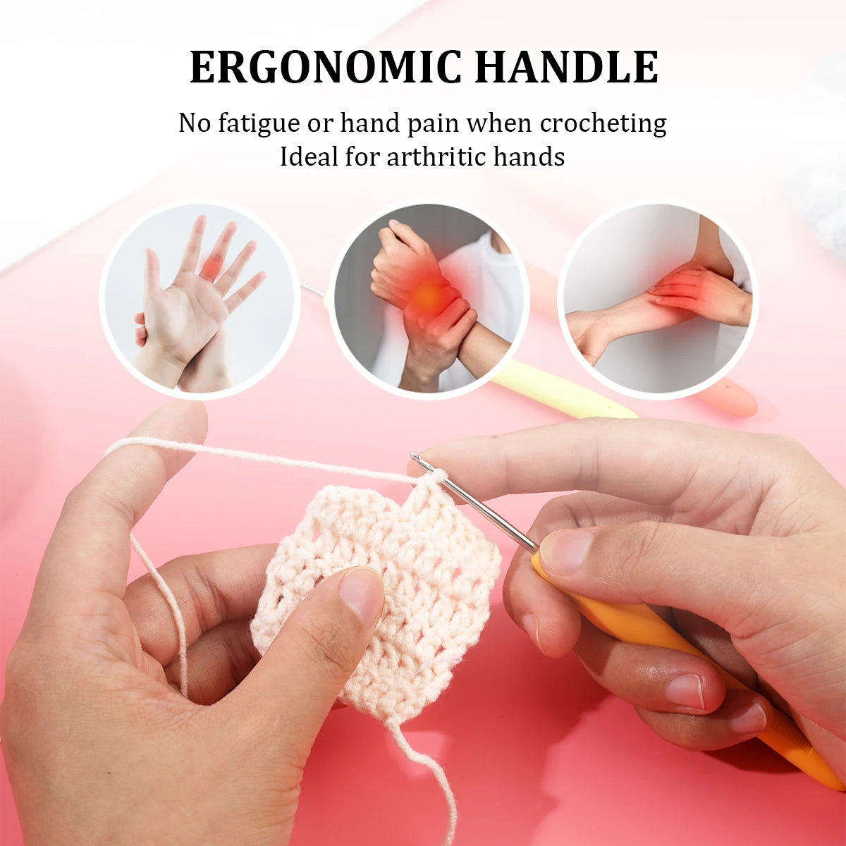 Hands using an ergonomic handle crochet hook to make a pink crocheted item.