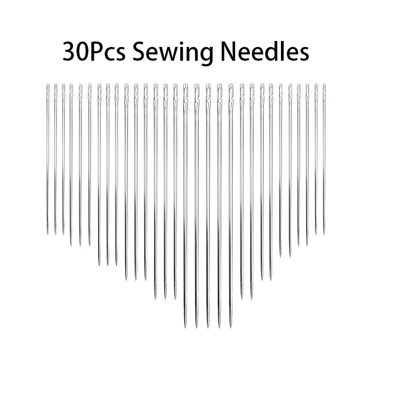 A collection of 30 precision sewing needles arranged vertically.