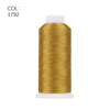 A gold colored spool of premium polyester embroidery thread is shown against a white background.