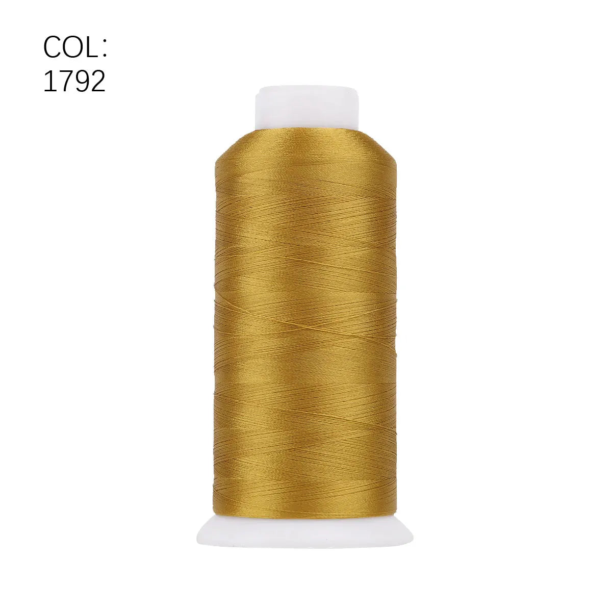 A gold colored spool of premium polyester embroidery thread is shown against a white background.