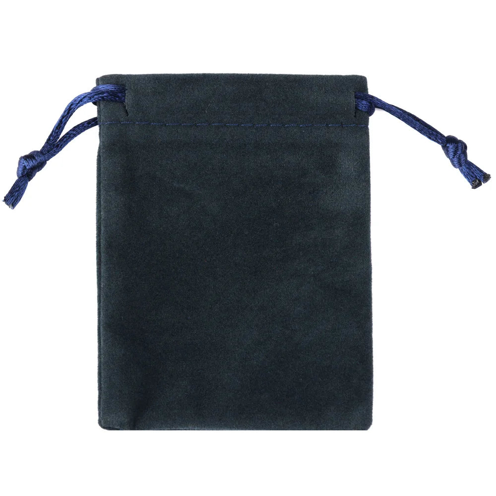 A dark gray velvet drawstring gift bag with blue cord handles.