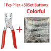 A set of colorful metal sewing buttons and one pliers included for crafting projects.