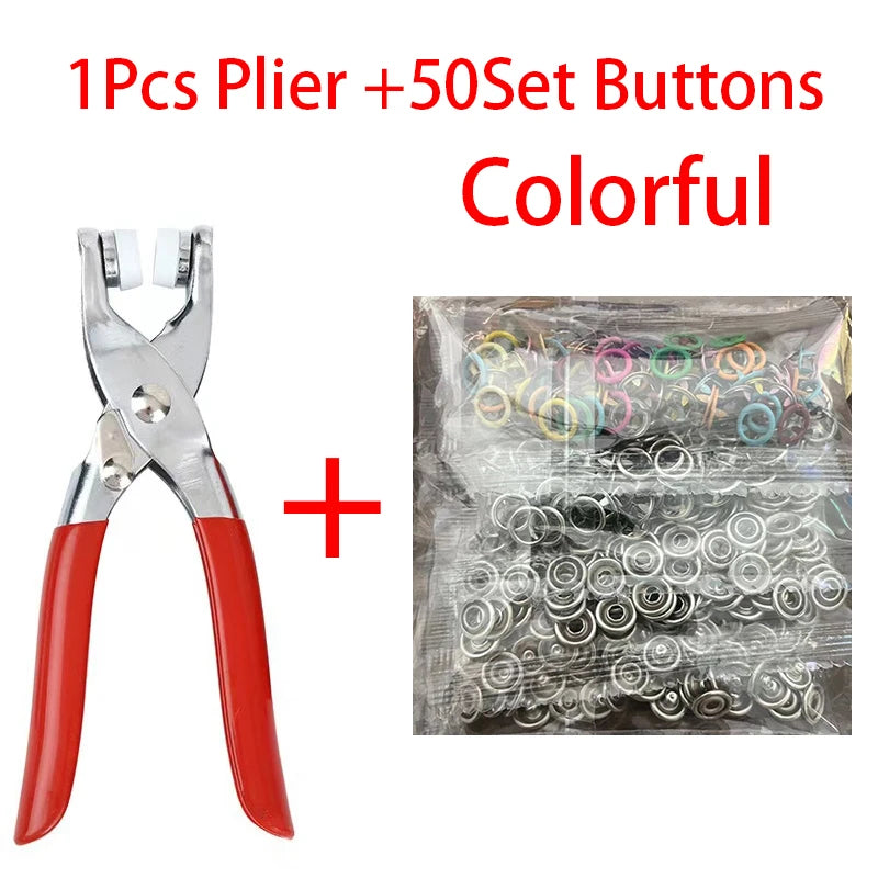 A set of colorful metal sewing buttons and one pliers included for crafting projects.