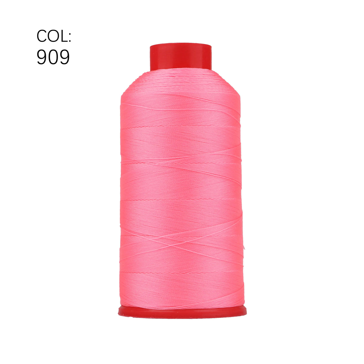 A roll of bright pink heavy duty nylon sewing thread with a red cap.