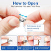 Demonstration showing how to open a metal button pin by pulling the end back to remove it