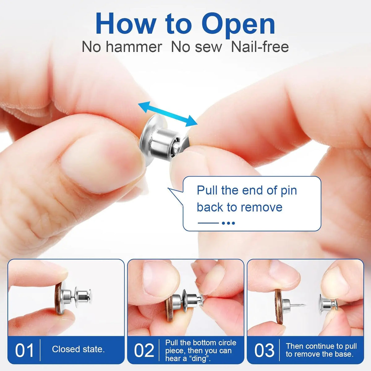Demonstration showing how to open a metal button pin by pulling the end back to remove it