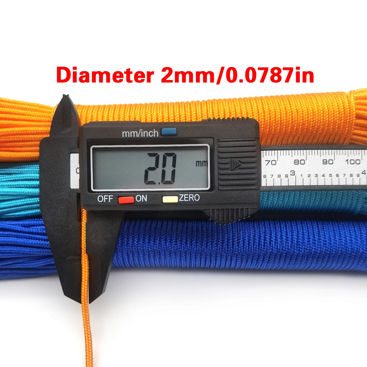 A black measuring tool displays a diameter of 2.0 mm on an orange paracord rope.