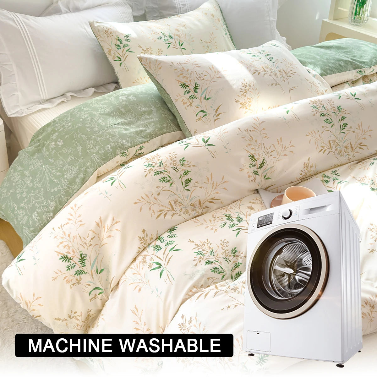 A white duvet cover set with a floral pattern is displayed next to a white washing machine.