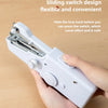 A hand is holding a white sliding switch design fuse tool for a portable mini hand sewing machine.