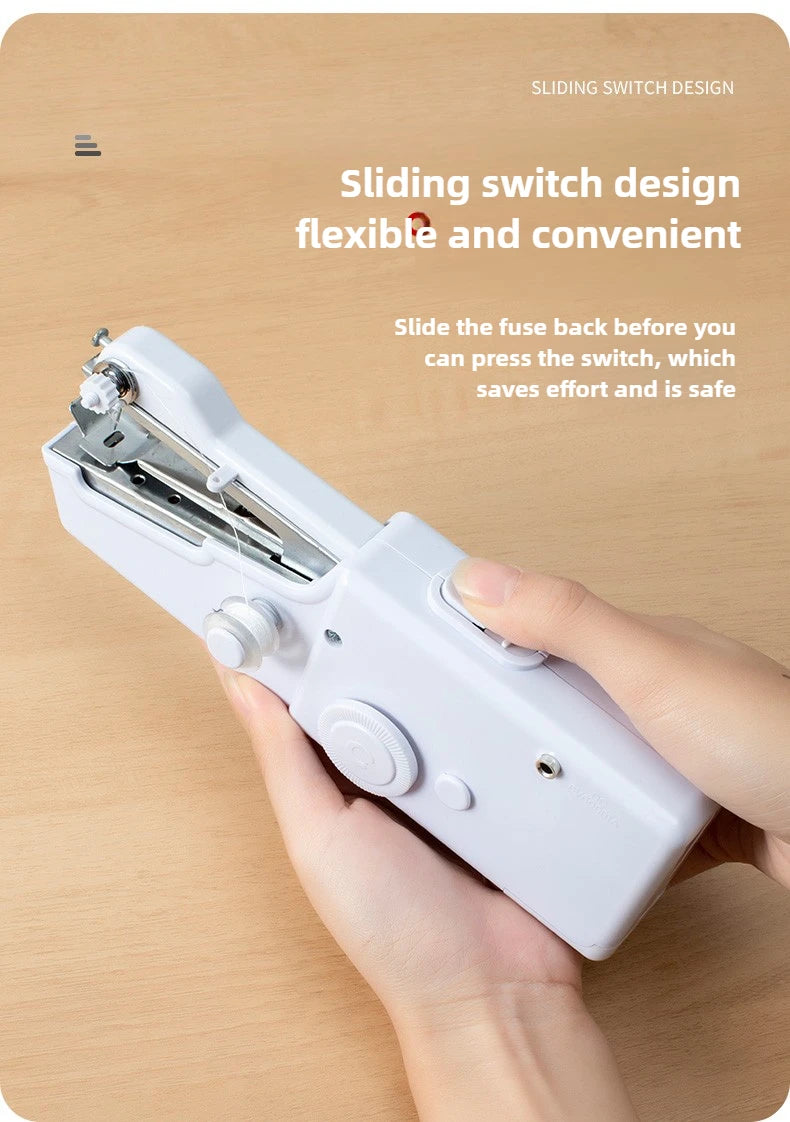 A hand is holding a white sliding switch design fuse tool for a portable mini hand sewing machine.
