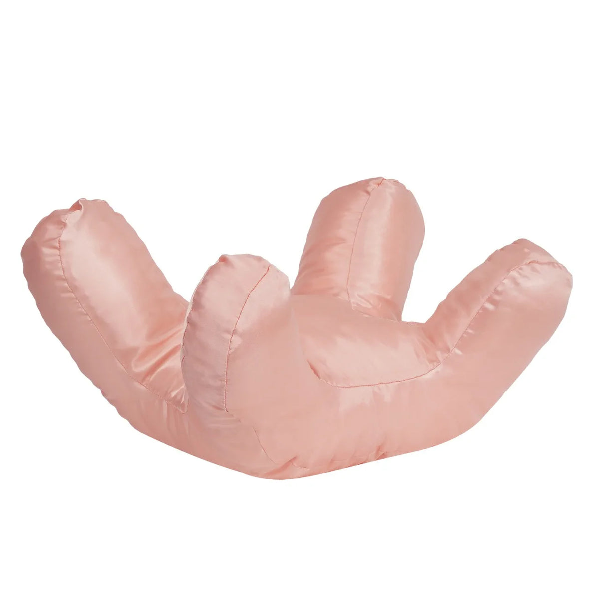 A soft pink satin anti-wrinkle pillow shaped like a hand or fist.