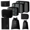 A set of nine black mesh storage organizers and a black drawstring bag with text on it.