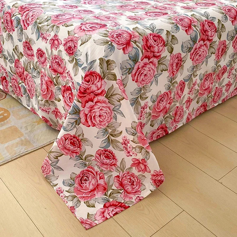 Pink and red floral print flat bed sheets featuring roses for double beds