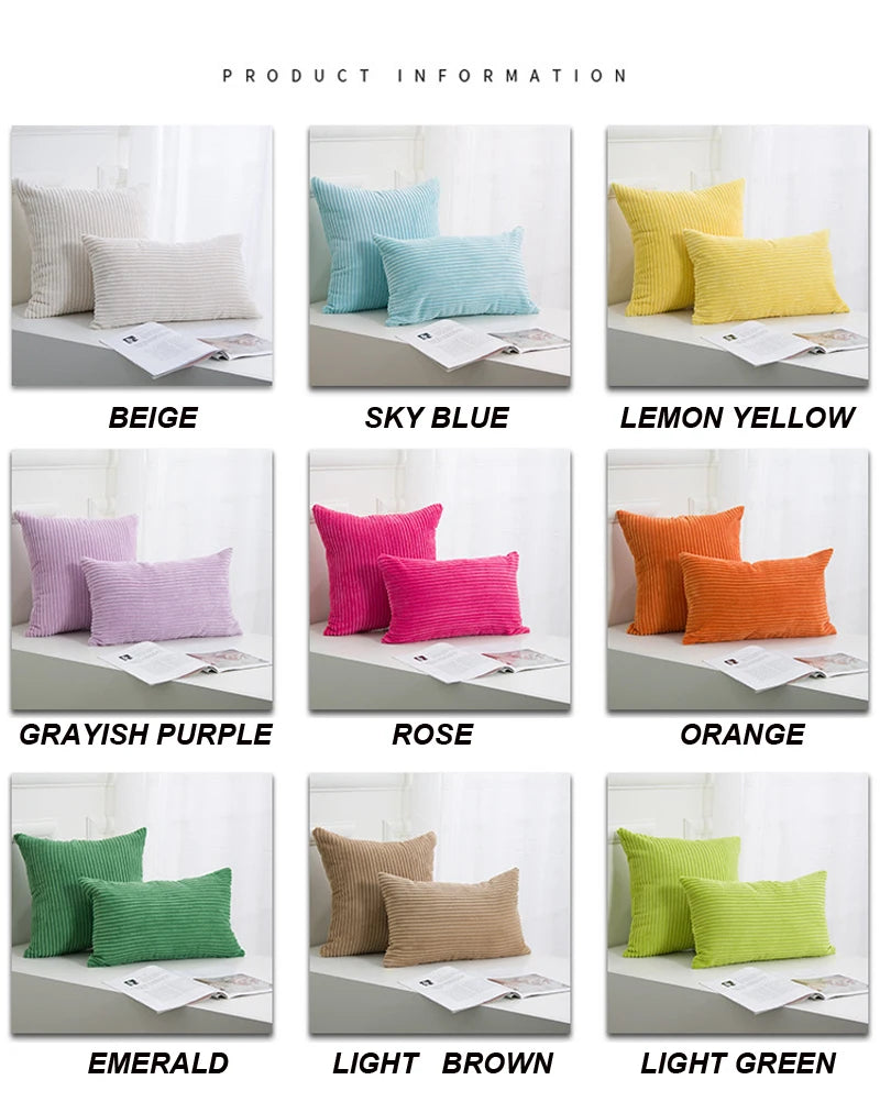 A grid showing various solid colored throw pillow covers including beige, sky blue, lemon yellow, grayish purple, rose, orang