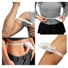 A telescopic body measuring tape is shown being used to measure the arm and torso of a person.