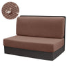 A brown stretch sofa and chair cover with a dark base, shown next to a circular swatch of the fabric.
