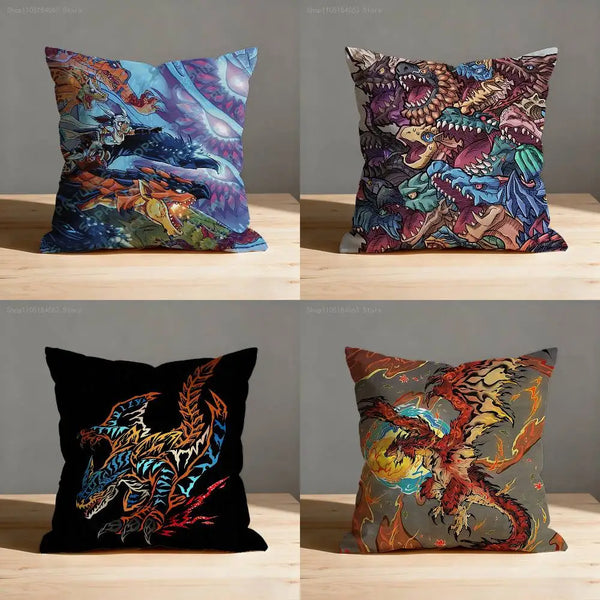 Four pillows featuring vibrant anime style monster prints and fantasy creatures.