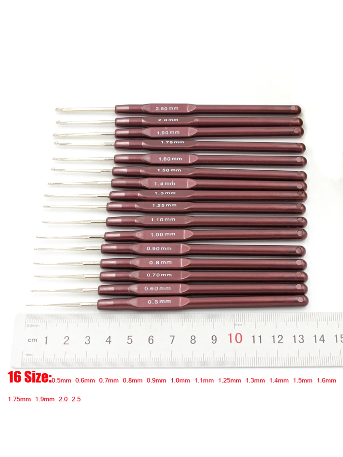A set of sixteen ergonomic crochet hooks with soft-grip handles, ranging in size from 0.5 mm to 2.5 mm.