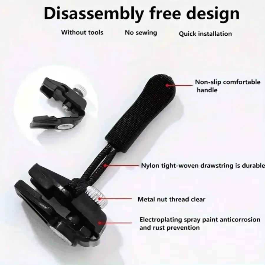 A black zipper repair kit showing a non-slip handle, nylon drawstring, and a metal nut thread clear component.