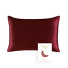 A deep burgundy mulberry silk pillowcase with a hidden zipper is displayed against a white background.