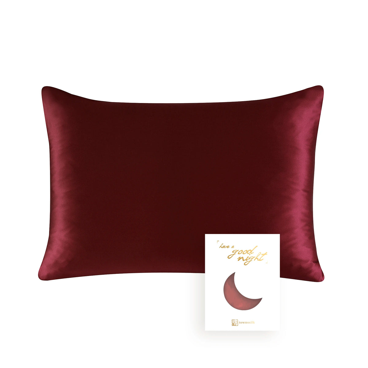 A deep burgundy mulberry silk pillowcase with a hidden zipper is displayed against a white background.