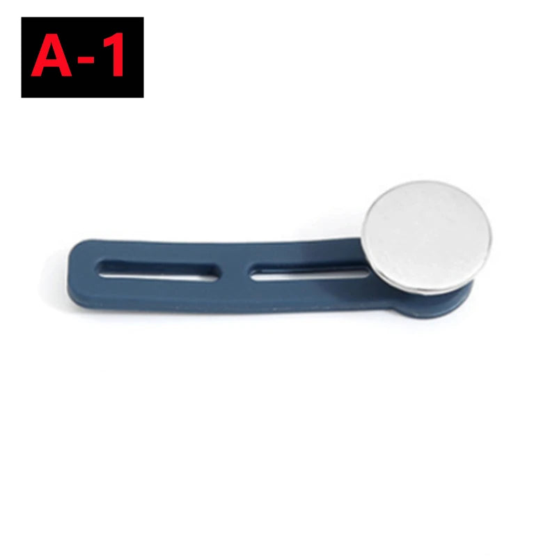 A metal button extender tool with a silver round end and a blue body.