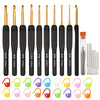 A set of ergonomic gold crochet hooks in various sizes and colors for yarn craft