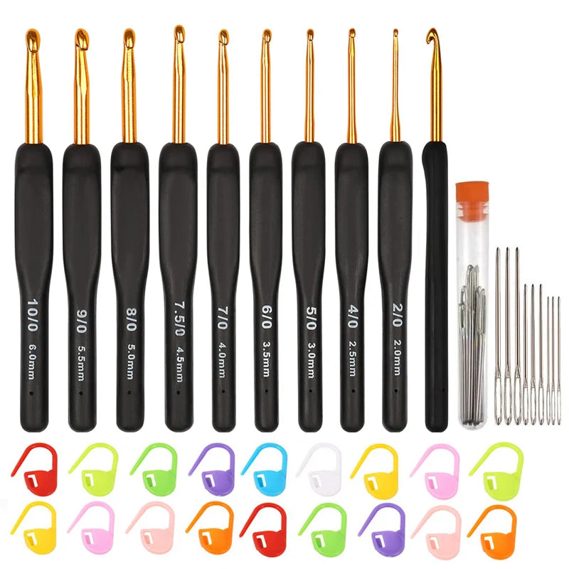 A set of ergonomic gold crochet hooks in various sizes and colors for yarn craft