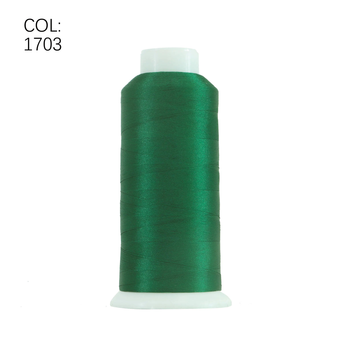 A spool of dark green embroidery thread with a white core and cap.