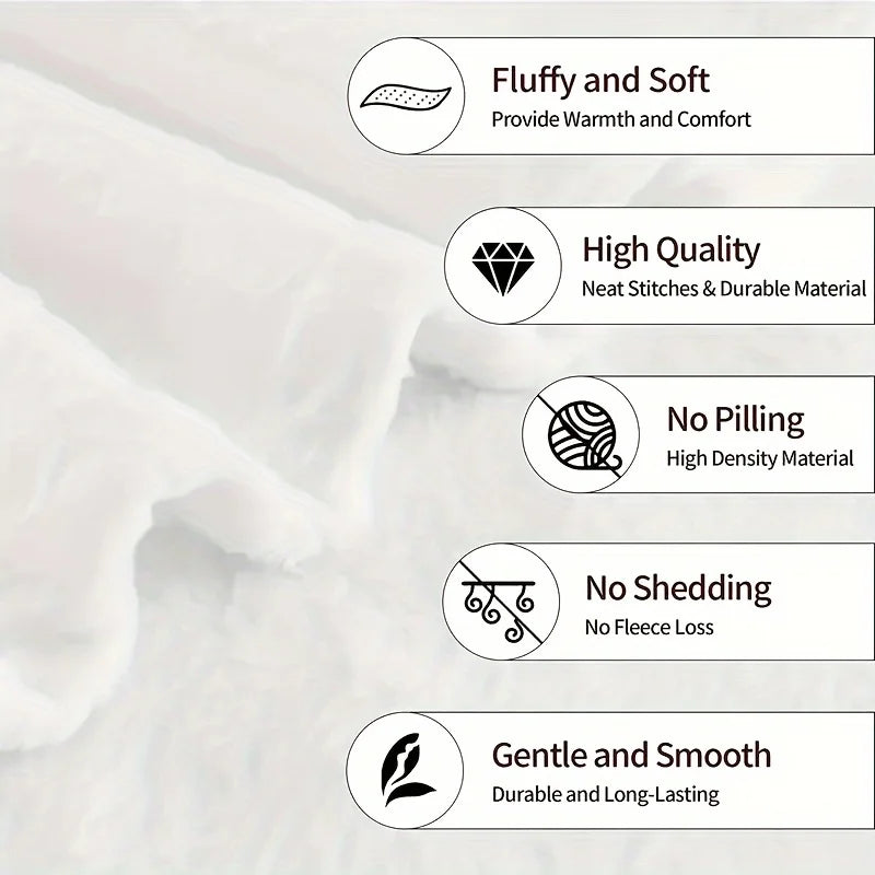 A close-up of a white, fluffy throw blanket with various quality features listed.