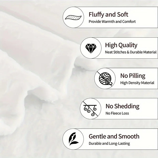 A close-up of a white, fluffy throw blanket with various quality features listed.