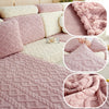 A pink plush velvet sofa cover with a quilted pattern shown in various close-up angles.