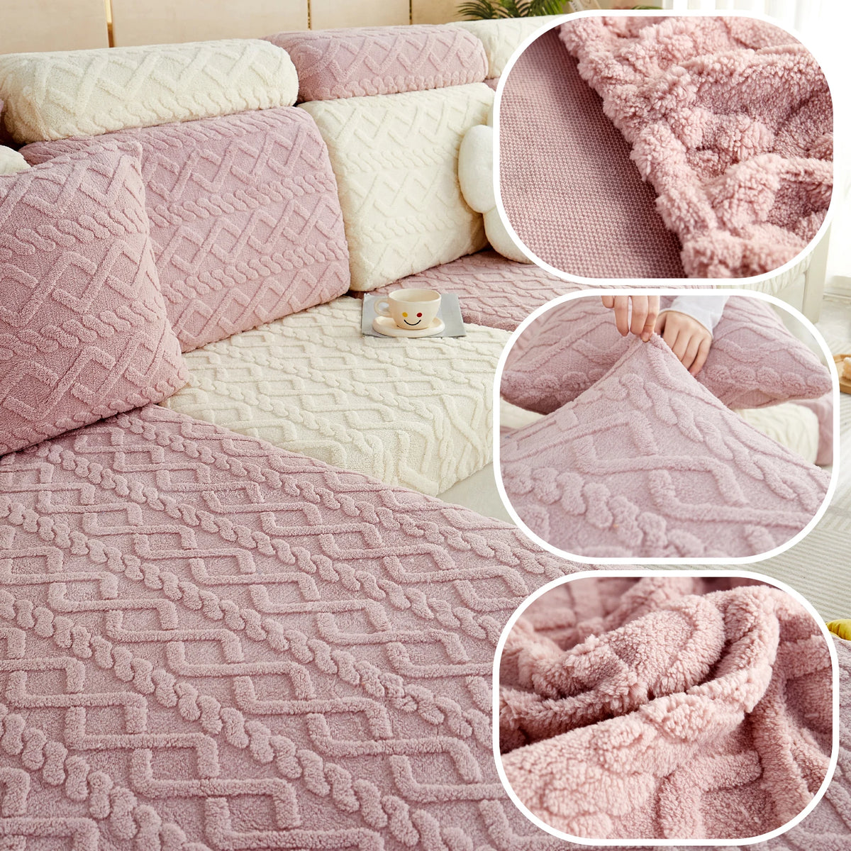 A pink plush velvet sofa cover with a quilted pattern shown in various close-up angles.