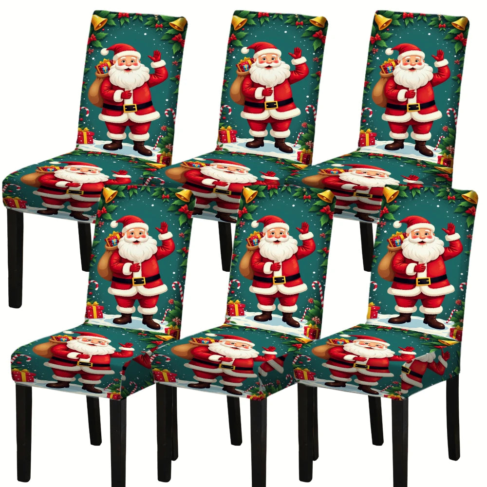 Set of four Santa Claus pattern stretch chair covers featuring festive red and white designs
