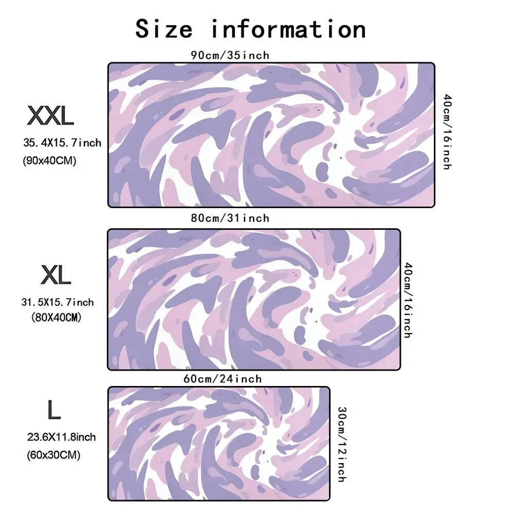 A comparison chart showing the size dimensions for XXL, XL, and L versions of an art vortex mouse pad.