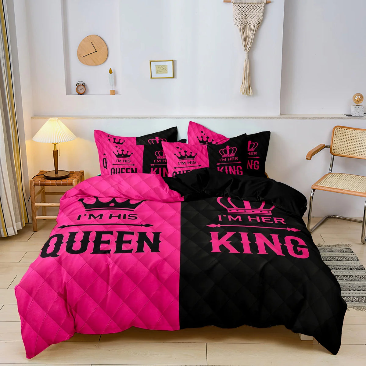 Pink and black microfiber duvet set with crown print featuring I'm his queen and I'm her king designs