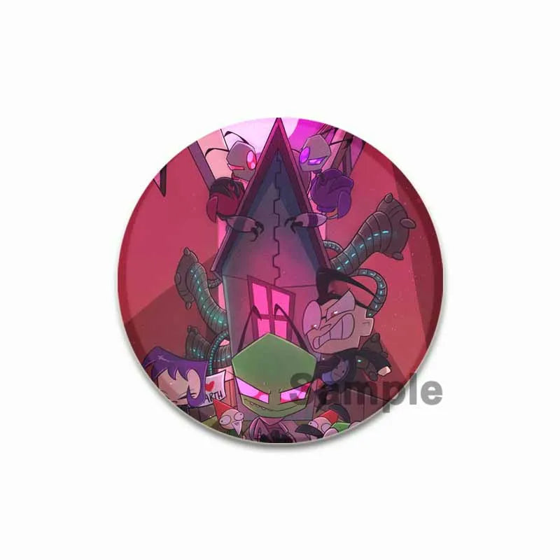 A set of enamel pins featuring characters from Invader ZIM anime on a pink background.