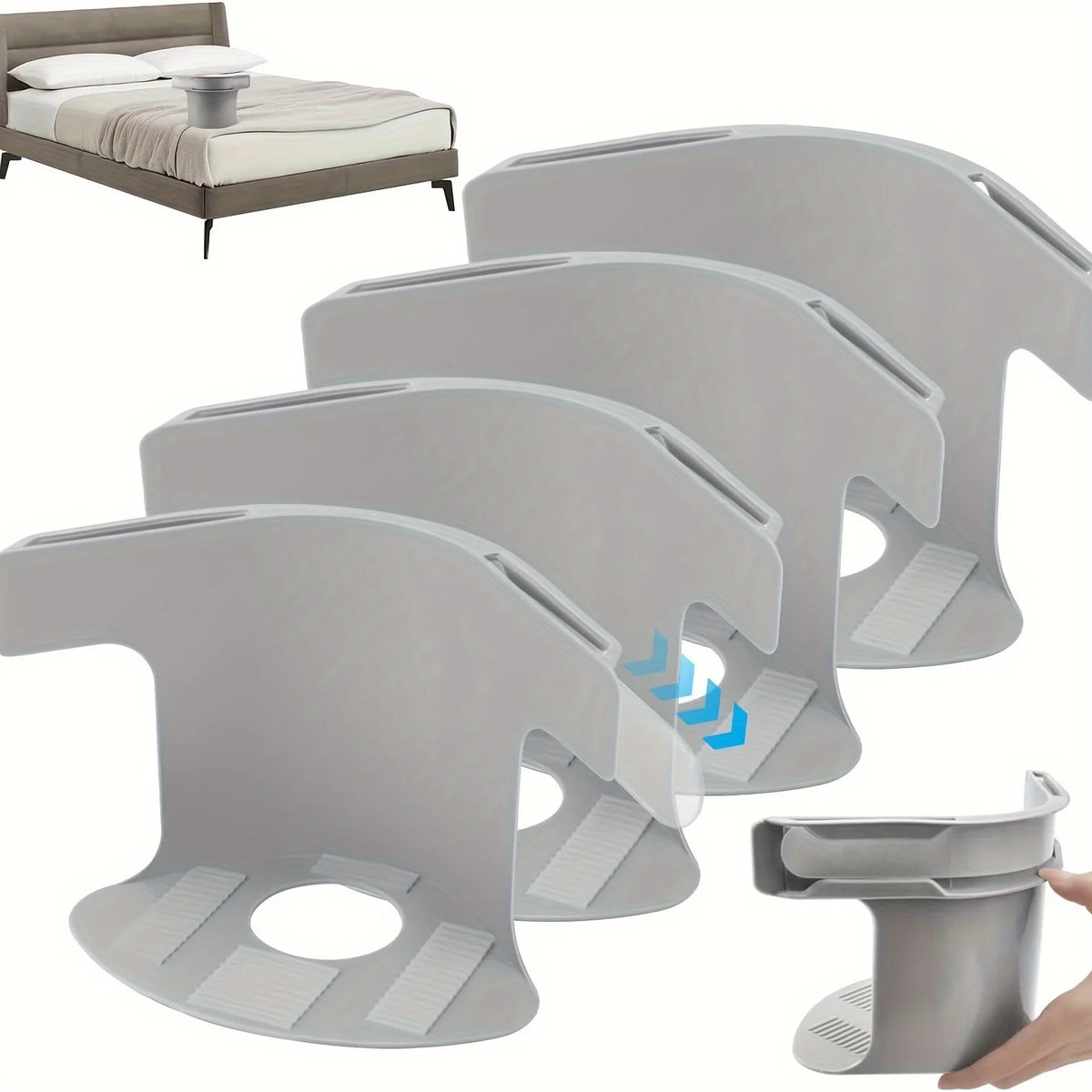 A set of four gray adjustable bed sheet holders with non-slip grips and a folded bed visible.