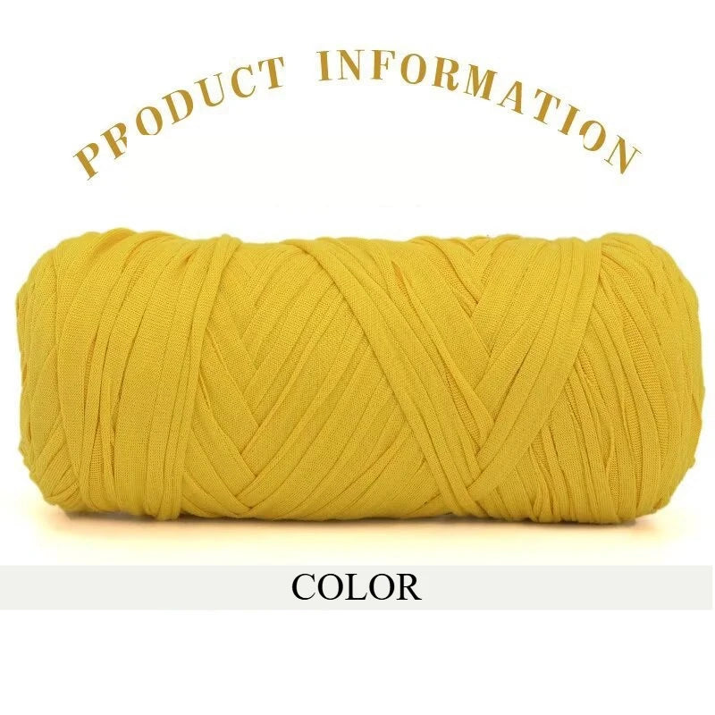 A skein of thick yellow polyester blended yarn is shown rolled up for crafting.