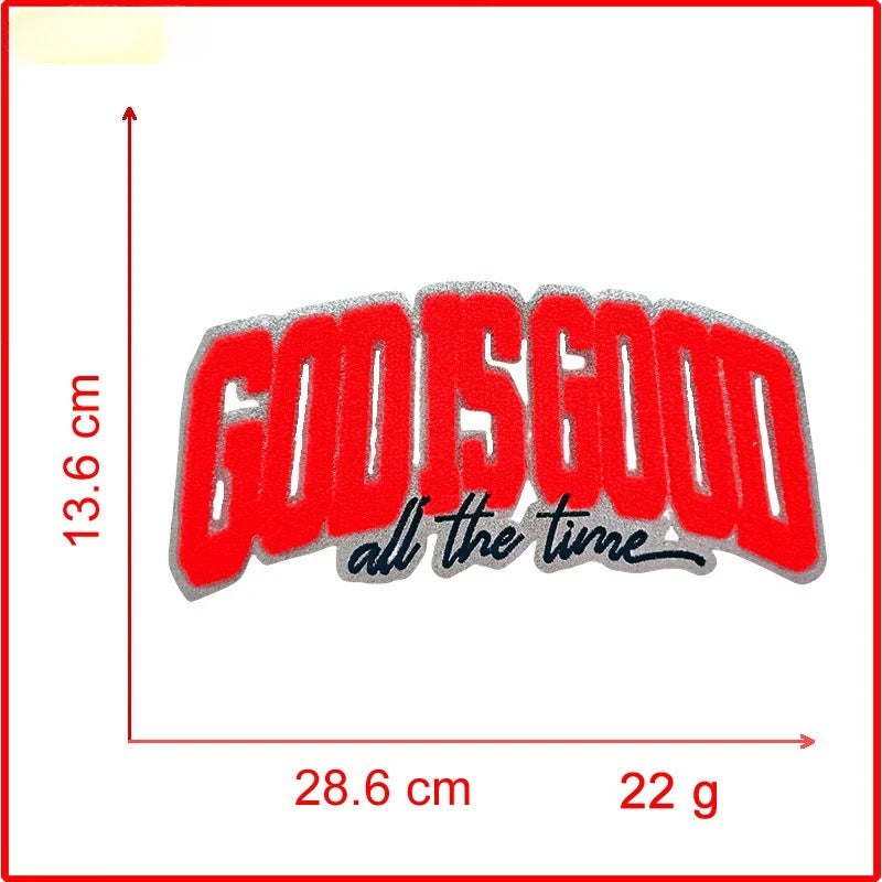 Red and gray embroidered patch with the text GODISGOOD all the time