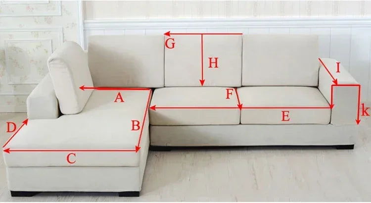 Diagram showing the dimensions of a sofa protection cover, labeled A through K.