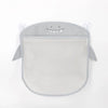 A light gray mesh baby bath organizer storage bag with a smiling face.