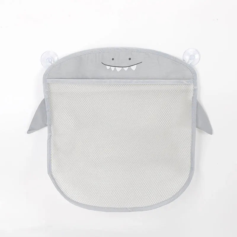 A light gray mesh baby bath organizer storage bag with a smiling face.