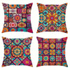 A set of four colorful boho chic mandala plaid pillow covers featuring intricate floral and geometric patterns.